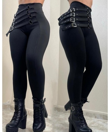 Women High Waist Buckled Belt Skinny Pants Pencil Slim Fashion Casual Sexy Leggings Pants Trousers Y2k $51.43 - Pants & Capris