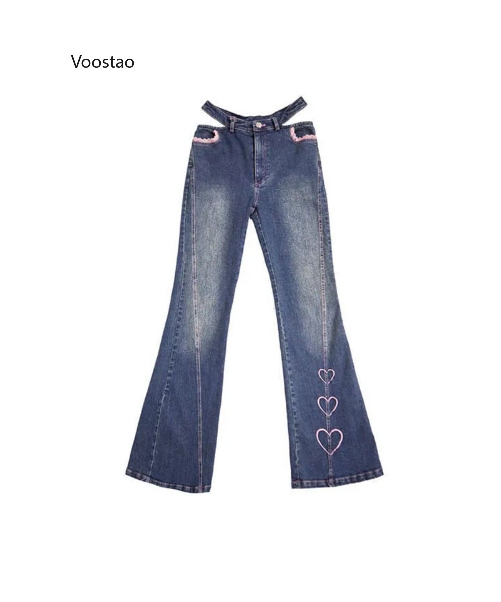 Sweet High Waist Heart Embroidery Jeans Women Chic Trousers Lace Ruffles Slim Flare Pants Korean Female Harajuku Denim Pants ...