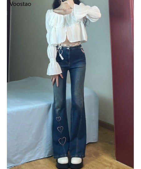 Sweet High Waist Heart Embroidery Jeans Women Chic Trousers Lace Ruffles Slim Flare Pants Korean Female Harajuku Denim Pants ...