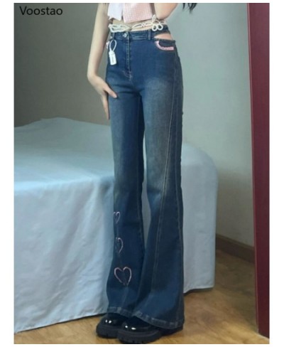 Sweet High Waist Heart Embroidery Jeans Women Chic Trousers Lace Ruffles Slim Flare Pants Korean Female Harajuku Denim Pants ...