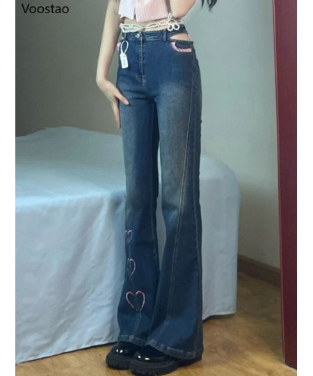 Sweet High Waist Heart Embroidery Jeans Women Chic Trousers Lace Ruffles Slim Flare Pants Korean Female Harajuku Denim Pants ...