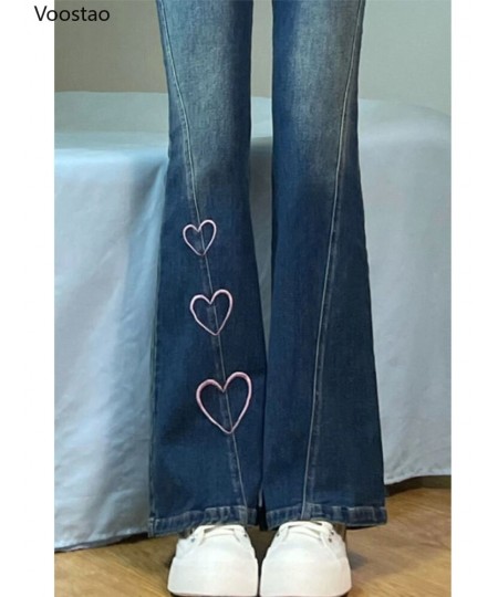 Sweet High Waist Heart Embroidery Jeans Women Chic Trousers Lace Ruffles Slim Flare Pants Korean Female Harajuku Denim Pants ...