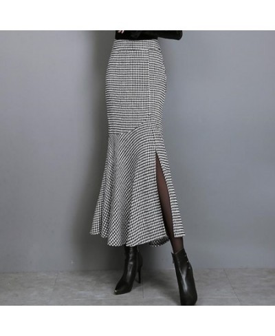 Autumn winter Houndstooth woolen ol mermaid skirt women high waist ruffles package hip split long trumpet skirt $59.67 - Skirts