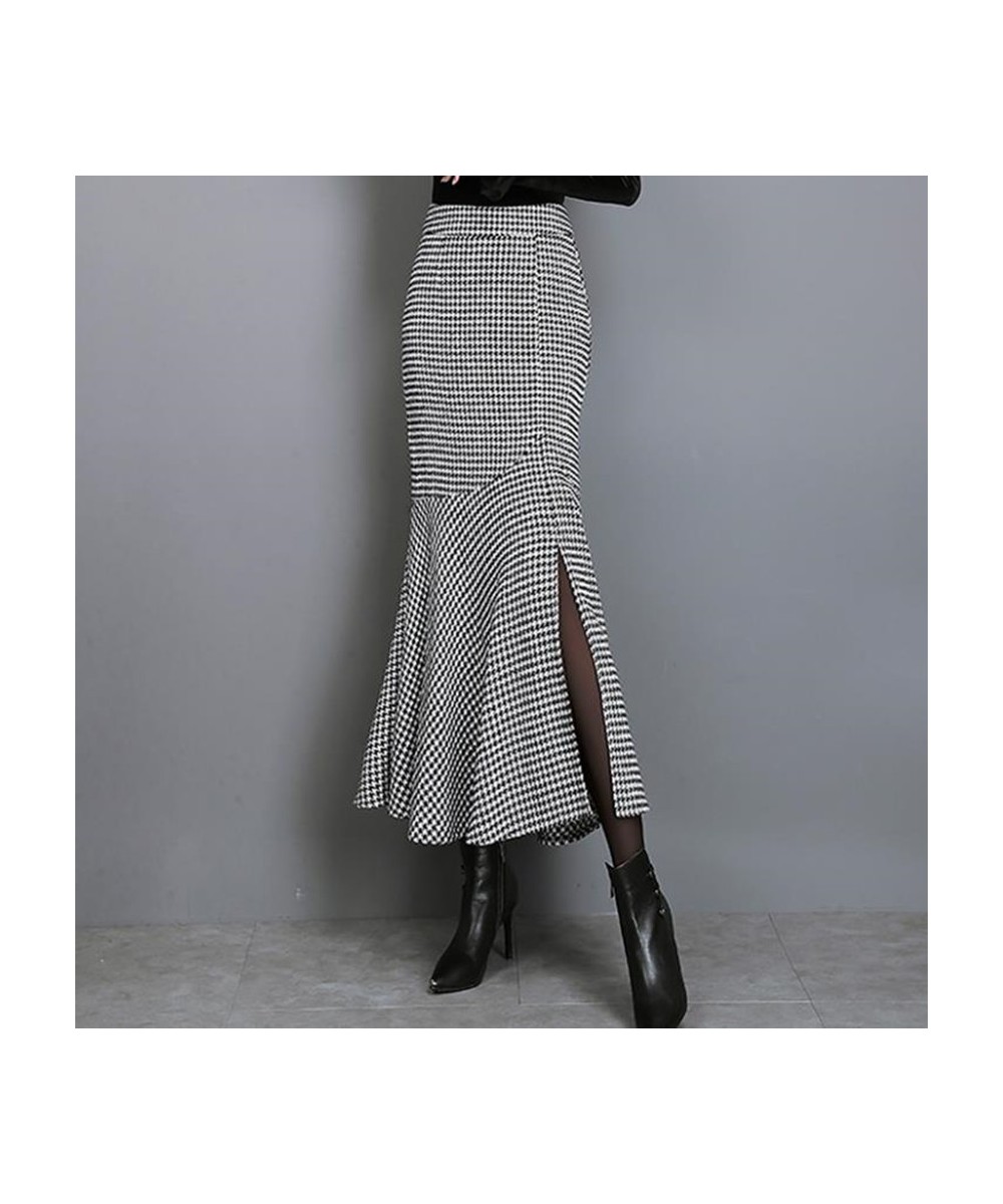 Autumn winter Houndstooth woolen ol mermaid skirt women high waist ruffles package hip split long trumpet skirt $59.67 - Skirts