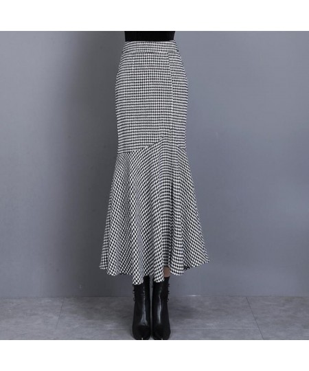 Autumn winter Houndstooth woolen ol mermaid skirt women high waist ruffles package hip split long trumpet skirt $59.67 - Skirts