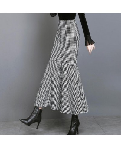 Autumn winter Houndstooth woolen ol mermaid skirt women high waist ruffles package hip split long trumpet skirt $59.67 - Skirts