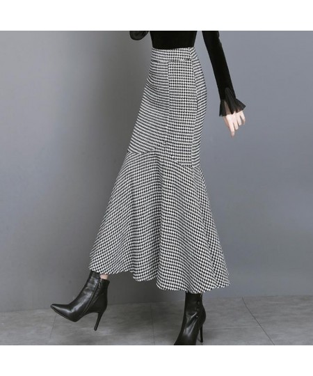 Autumn winter Houndstooth woolen ol mermaid skirt women high waist ruffles package hip split long trumpet skirt $59.67 - Skirts