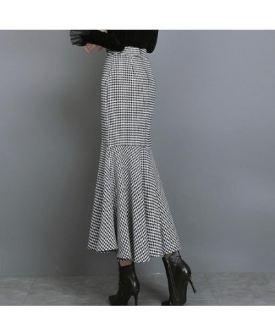 Autumn winter Houndstooth woolen ol mermaid skirt women high waist ruffles package hip split long trumpet skirt $59.67 - Skirts