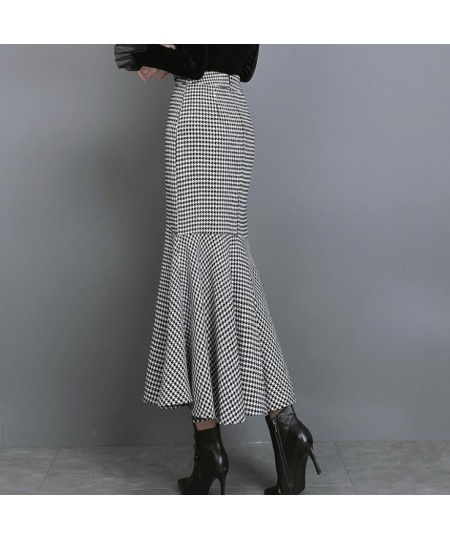 Autumn winter Houndstooth woolen ol mermaid skirt women high waist ruffles package hip split long trumpet skirt $59.67 - Skirts