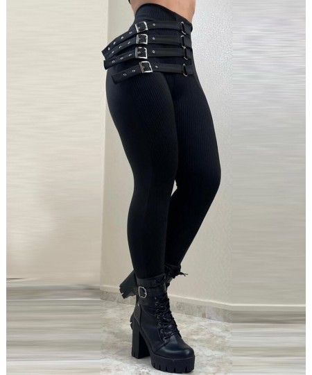 Women High Waist Buckled Belt Skinny Pants Pencil Slim Fashion Casual Sexy Leggings Pants Trousers Y2k $51.43 - Pants & Capris