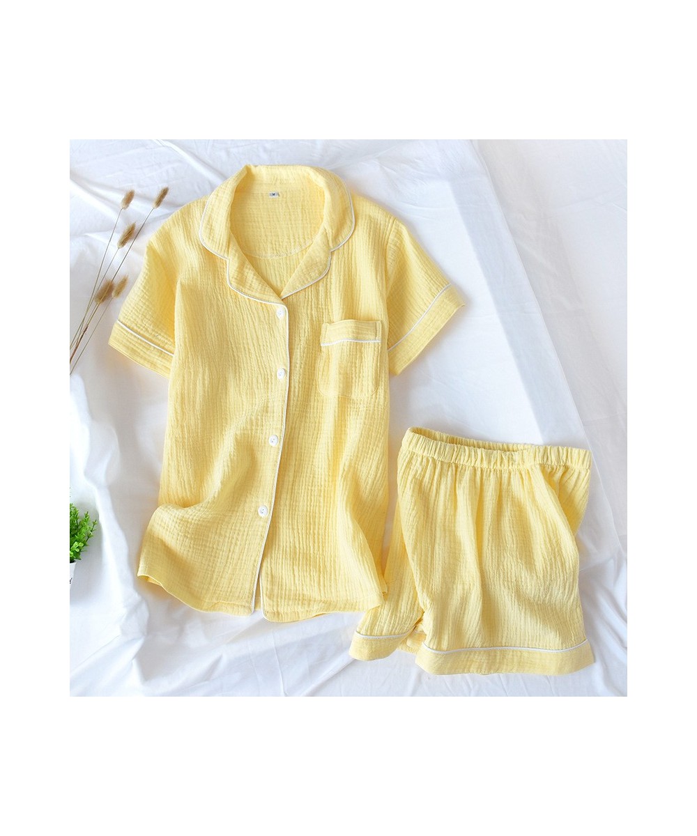 Japanese-style summer ladies cotton double-layer crepe gauze short-sleeved shorts pajamas suit large size home service women ...