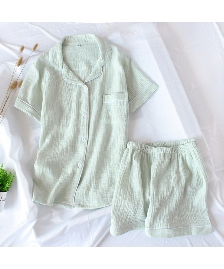 Japanese-style summer ladies cotton double-layer crepe gauze short-sleeved shorts pajamas suit large size home service women ...