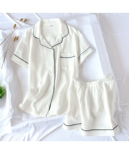 Japanese-style summer ladies cotton double-layer crepe gauze short-sleeved shorts pajamas suit large size home service women ...