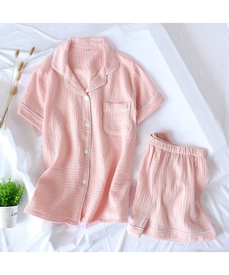 Japanese-style summer ladies cotton double-layer crepe gauze short-sleeved shorts pajamas suit large size home service women ...