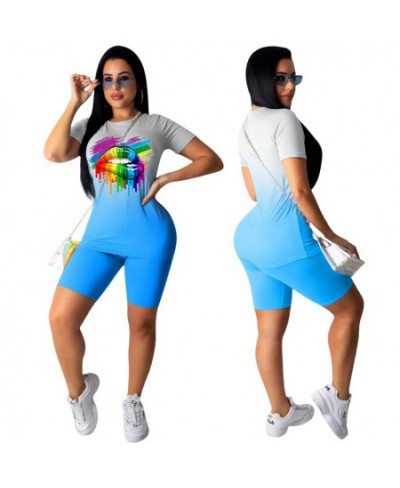 Women Colorful Lips Printed Short Sleeve T-shirt High Waist Shorts Summer Tie Dyeing Print Tracksuit 2PCS Clothes Set $29.03 ...