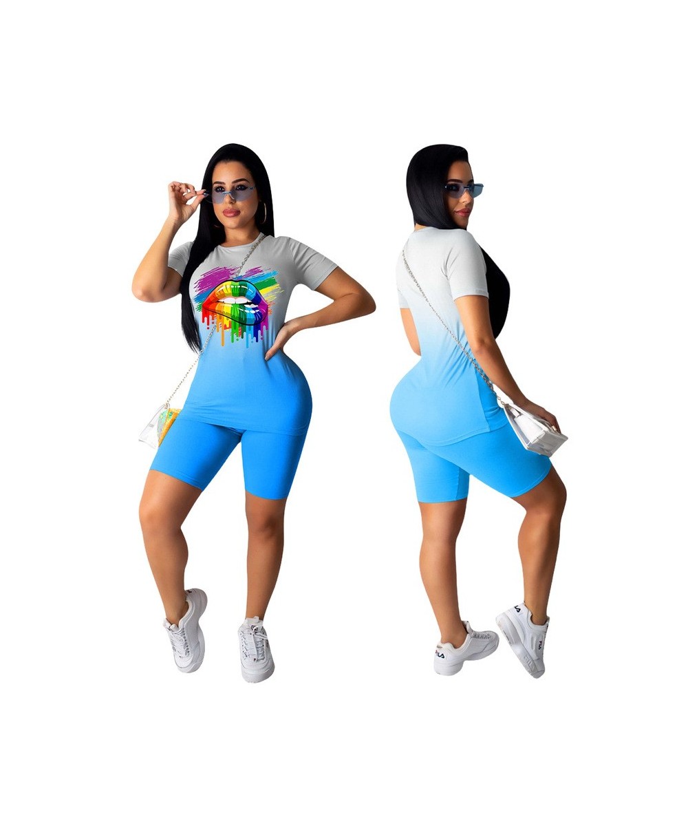 Women Colorful Lips Printed Short Sleeve T-shirt High Waist Shorts Summer Tie Dyeing Print Tracksuit 2PCS Clothes Set $29.03 ...