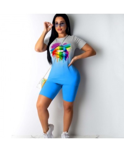 Women Colorful Lips Printed Short Sleeve T-shirt High Waist Shorts Summer Tie Dyeing Print Tracksuit 2PCS Clothes Set $29.03 ...