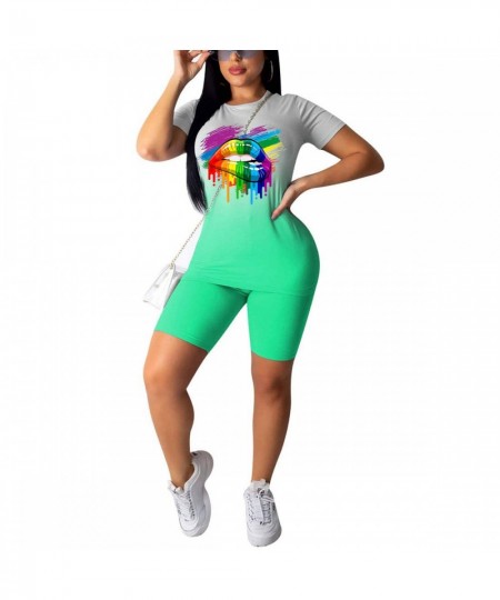 Women Colorful Lips Printed Short Sleeve T-shirt High Waist Shorts Summer Tie Dyeing Print Tracksuit 2PCS Clothes Set $29.03 ...