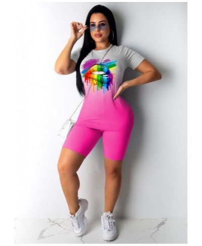 Women Colorful Lips Printed Short Sleeve T-shirt High Waist Shorts Summer Tie Dyeing Print Tracksuit 2PCS Clothes Set $29.03 ...