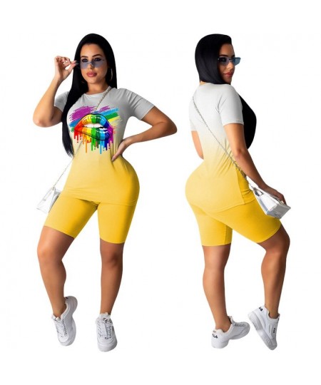 Women Colorful Lips Printed Short Sleeve T-shirt High Waist Shorts Summer Tie Dyeing Print Tracksuit 2PCS Clothes Set $29.03 ...