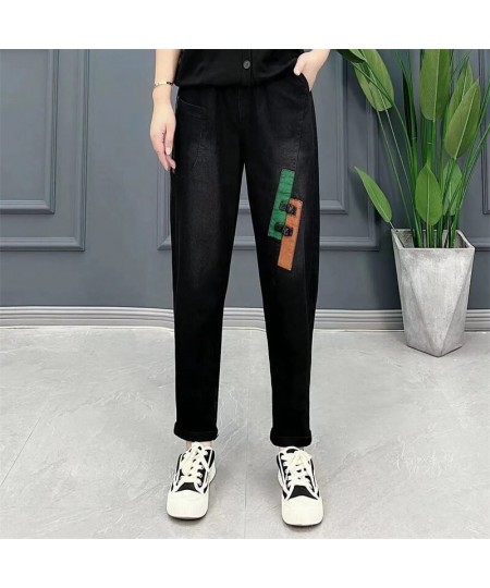 Elastic Blue Jeans Women's Plush Winter Slim Fashion Spring Versatile Retro Style Splicing High Waist Harun Denim Pants Blac ...