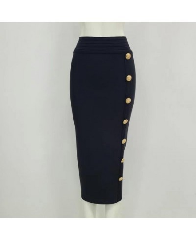 Spring New Women Bandage Skirts Elegant High Waist Midi Calf Gold Buttons Pencil Skirt High Street Office Lady Formal Clothin...