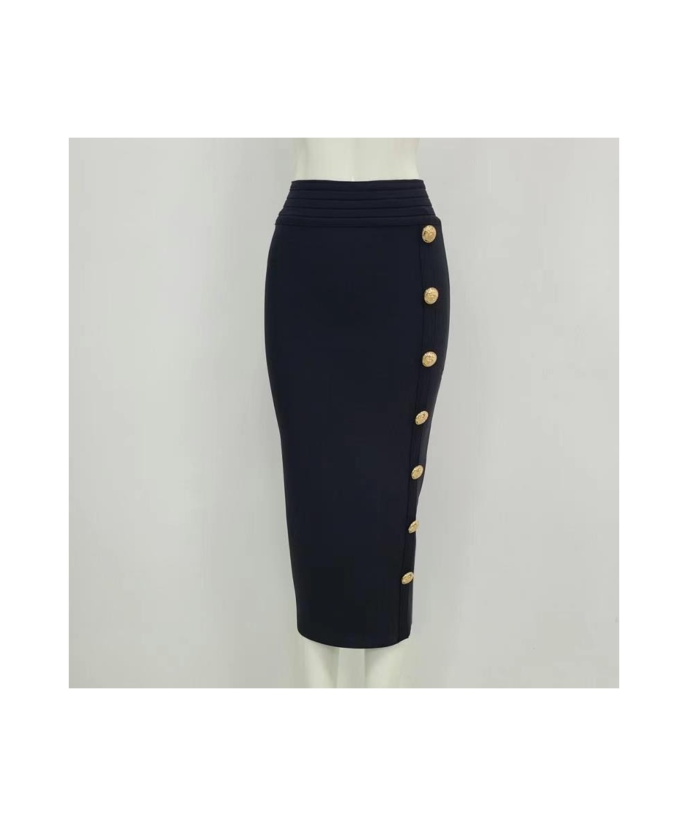 Spring New Women Bandage Skirts Elegant High Waist Midi Calf Gold Buttons Pencil Skirt High Street Office Lady Formal Clothin...