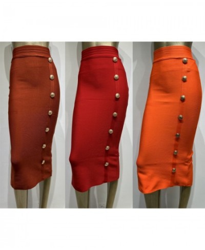 Spring New Women Bandage Skirts Elegant High Waist Midi Calf Gold Buttons Pencil Skirt High Street Office Lady Formal Clothin...