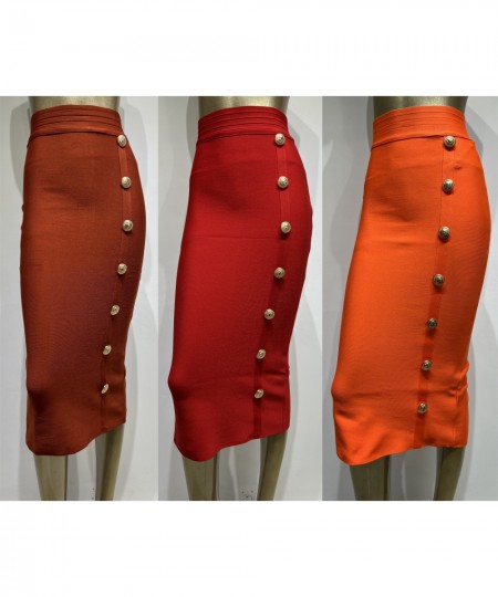 Spring New Women Bandage Skirts Elegant High Waist Midi Calf Gold Buttons Pencil Skirt High Street Office Lady Formal Clothin...