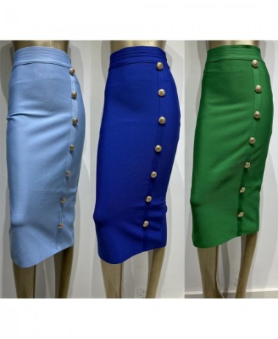 Spring New Women Bandage Skirts Elegant High Waist Midi Calf Gold Buttons Pencil Skirt High Street Office Lady Formal Clothin...