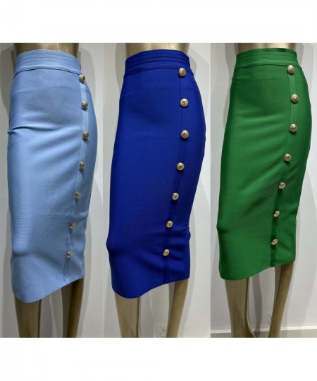 Spring New Women Bandage Skirts Elegant High Waist Midi Calf Gold Buttons Pencil Skirt High Street Office Lady Formal Clothin...