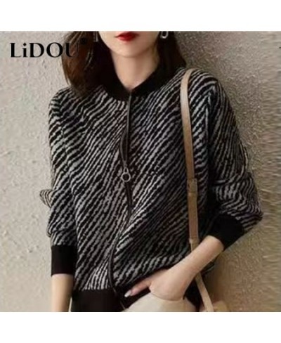 Autumn Winter Striped Zipper Sweater Coat Ladies Loose Casual Y2K All-match Jacket Top Women Fashion Knitting Cardigan Outwea...