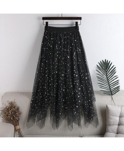 Sequins Skirt Womens Elastic Waist Tulle A-line Irregular Glitter Fluffy Midi Skirts Women All-match Fashion Mesh Skirt Femal...