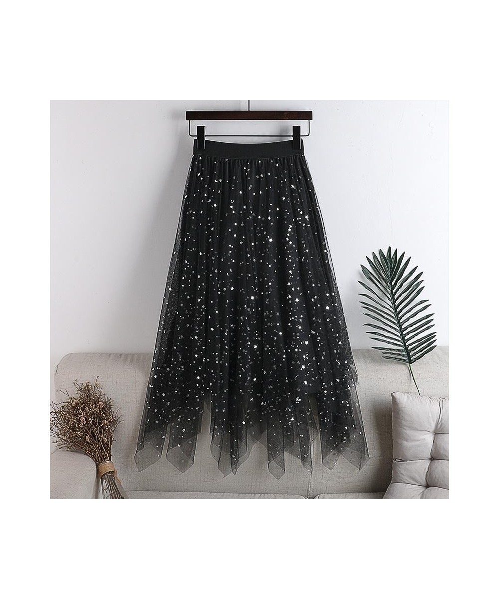 Sequins Skirt Womens Elastic Waist Tulle A-line Irregular Glitter Fluffy Midi Skirts Women All-match Fashion Mesh Skirt Femal...