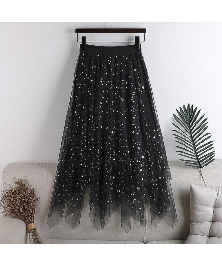 Sequins Skirt Womens Elastic Waist Tulle A-line Irregular Glitter Fluffy Midi Skirts Women All-match Fashion Mesh Skirt Femal...