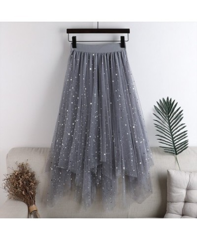 Sequins Skirt Womens Elastic Waist Tulle A-line Irregular Glitter Fluffy Midi Skirts Women All-match Fashion Mesh Skirt Femal...