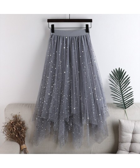 Sequins Skirt Womens Elastic Waist Tulle A-line Irregular Glitter Fluffy Midi Skirts Women All-match Fashion Mesh Skirt Femal...