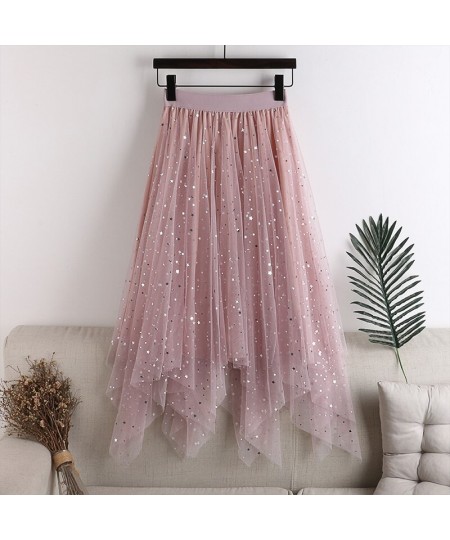 Sequins Skirt Womens Elastic Waist Tulle A-line Irregular Glitter Fluffy Midi Skirts Women All-match Fashion Mesh Skirt Femal...