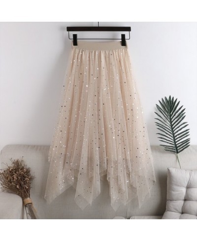 Sequins Skirt Womens Elastic Waist Tulle A-line Irregular Glitter Fluffy Midi Skirts Women All-match Fashion Mesh Skirt Femal...