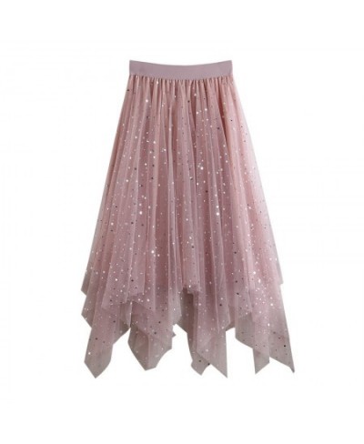 Sequins Skirt Womens Elastic Waist Tulle A-line Irregular Glitter Fluffy Midi Skirts Women All-match Fashion Mesh Skirt Femal...