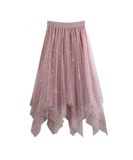 Sequins Skirt Womens Elastic Waist Tulle A-line Irregular Glitter Fluffy Midi Skirts Women All-match Fashion Mesh Skirt Femal...