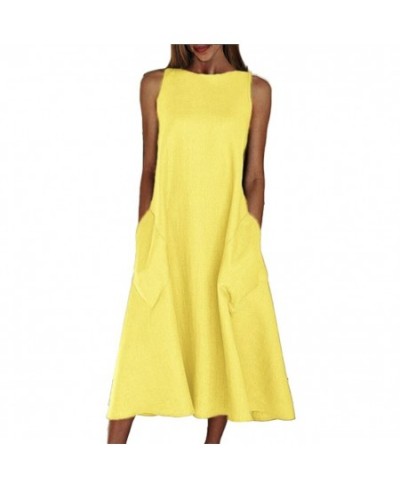 Summer Vintage Dress Women Sleeveless Solid Color O Neck Pockets Large Hem Casual Long Loose Dress Yellow $31.51 - Dresses