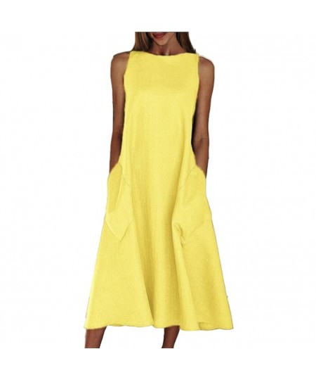 Summer Vintage Dress Women Sleeveless Solid Color O Neck Pockets Large Hem Casual Long Loose Dress Yellow $31.51 - Dresses