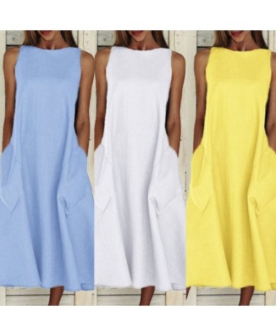 Summer Vintage Dress Women Sleeveless Solid Color O Neck Pockets Large Hem Casual Long Loose Dress Yellow $31.51 - Dresses