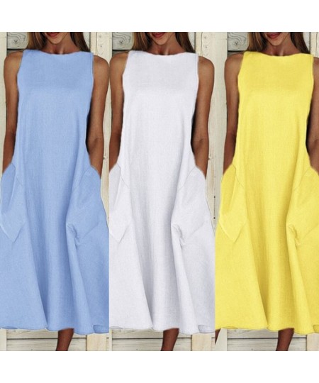 Summer Vintage Dress Women Sleeveless Solid Color O Neck Pockets Large Hem Casual Long Loose Dress Yellow $31.51 - Dresses