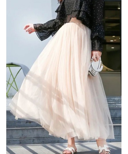 3 Layers Tulle Skirts Women Elastic High Waist Pleated Skirt Casual Elegant Mesh Tutu Skirt Loose Ball Gown A-line Long Dress...