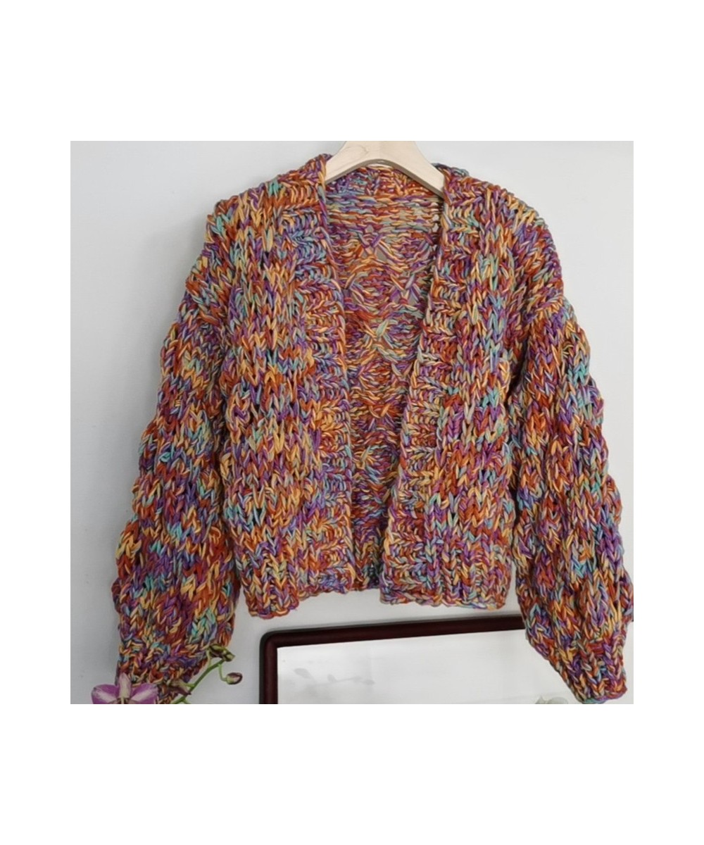 Knitted Rainbow Short Cardigan Women Vintage Lantern Sleeve Femme Autumn Winter Sweater Thick Fashion Cardigan 2023 New $92.0...