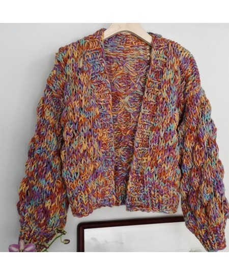 Knitted Rainbow Short Cardigan Women Vintage Lantern Sleeve Femme Autumn Winter Sweater Thick Fashion Cardigan 2023 New $92.0...