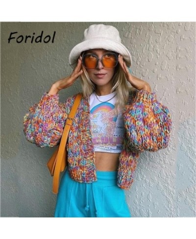 Knitted Rainbow Short Cardigan Women Vintage Lantern Sleeve Femme Autumn Winter Sweater Thick Fashion Cardigan 2023 New $92.0...