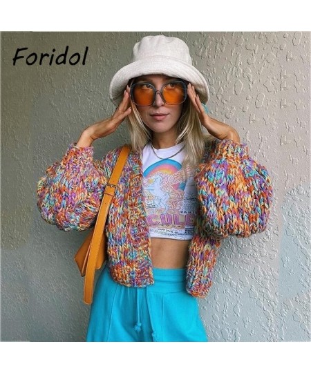 Knitted Rainbow Short Cardigan Women Vintage Lantern Sleeve Femme Autumn Winter Sweater Thick Fashion Cardigan 2023 New $92.0...